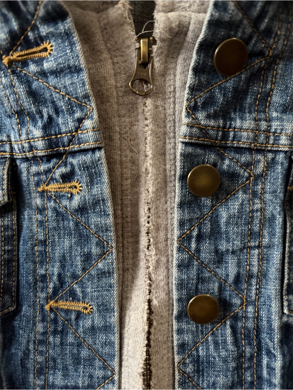 Cropped Denim Jacket with Heather Gray Hooded Inner Layer